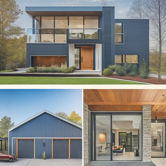 A split-screen image showcasing a modern home with multiple cladding types: brick, vinyl, wood, and metal, with varying installation complexities, surrounded by measuring tapes, calculators, and architect's blueprints.