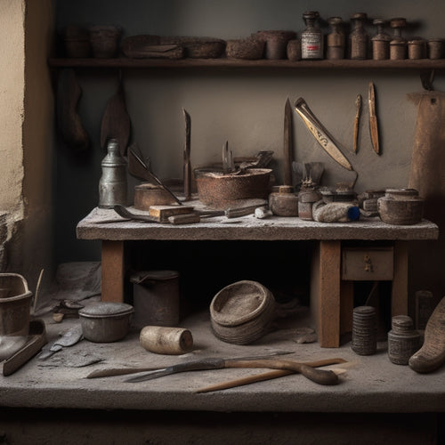 A cluttered workbench with various stucco tools organized in a semi-circle, including a trowel, hawk, joint knife, scratch awl, and finishing tool, with a subtle background of stucco-textured wall.