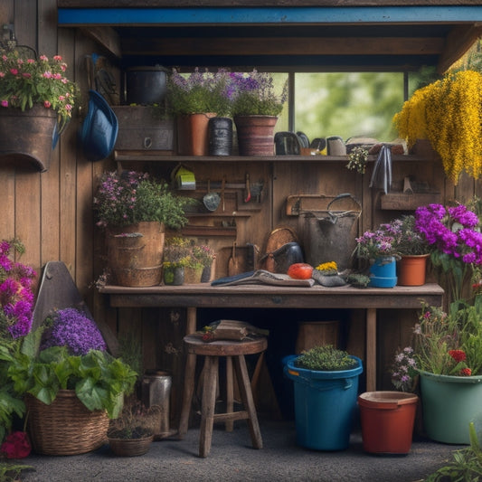 A cluttered garden shed backdrop with a neatly organized workbench in the center, featuring a level, gardening gloves, pruning shears, a trowel, and a basket overflowing with vibrant flowers and greenery.