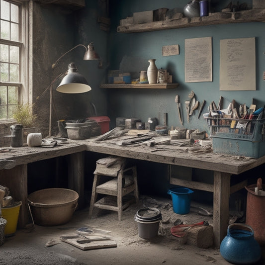 A cluttered but organized DIY workspace with a variety of plastering tools, including a hawk, trowel, joint knife, and mixing bucket, surrounded by scattered plaster dust and half-finished renovation projects.