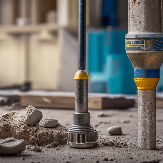 A close-up of a drill bit penetrating a cracked concrete surface, surrounded by scattered repair materials and tools, with a blurred background of a renovation site.