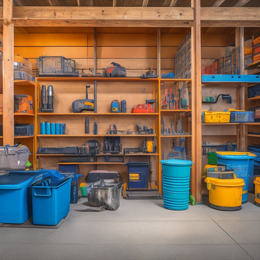 A well-organized rental equipment yard with various specialized tools, such as tile saws, floor sanders, and demolition hammers, arranged on shelves and in bins, with a few tools in use in the background.