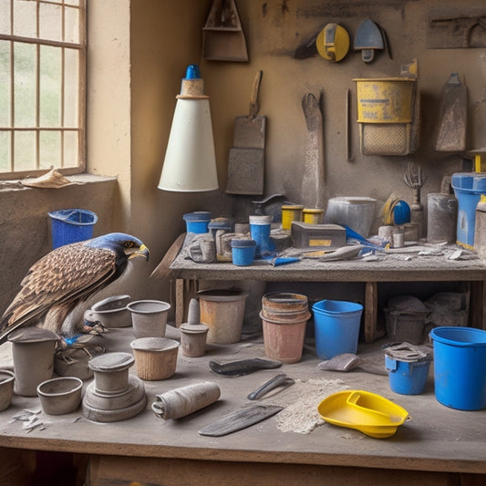 A cluttered workshop table with various DIY plaster renovation tools, including a hawk, trowel, and putty knife, surrounded by buckets of mixed plaster, sandpaper, and a dust mask.
