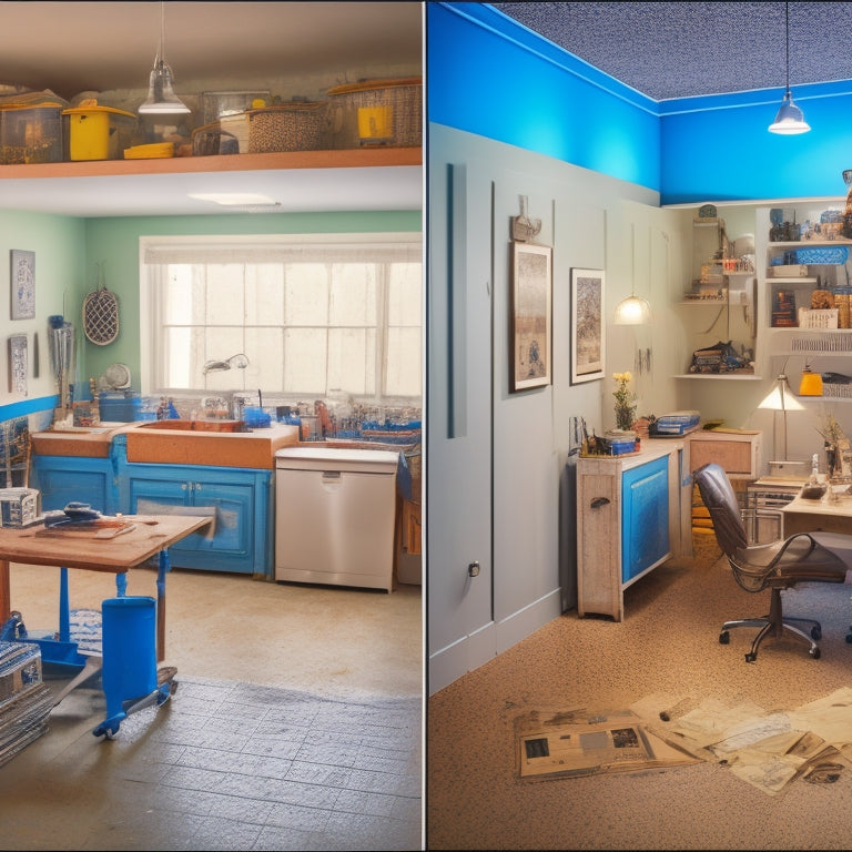 A split-screen image featuring a cluttered, outdated room on the left and a modern, renovated space on the right, with arrows and swirls indicating transformation, surrounded by scattered blueprints and tools.
