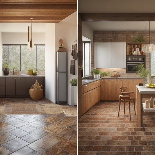 A split-level interior with three different joint spacing options: large gaps with rustic wooden boards, narrow gaps with sleek modern tiles, and decorative mosaic inlays with tiny joints.