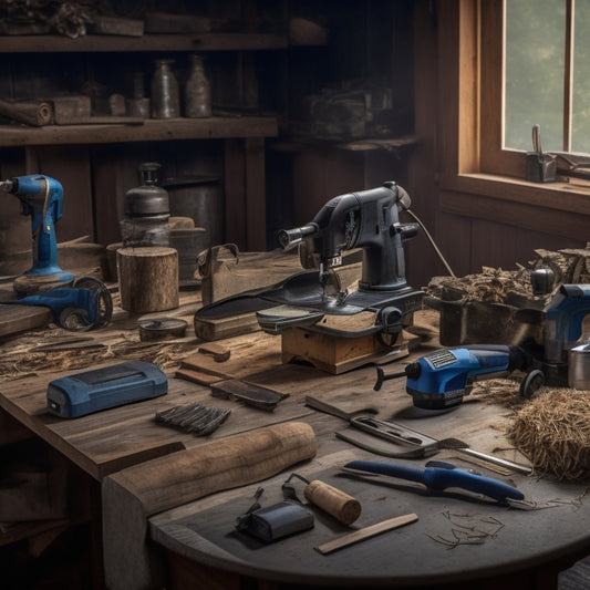 A cluttered workshop table with a variety of finishing tools, including a cordless sander, a miter saw, a drill press, and a toolbox filled with hand tools, surrounded by wood shavings and half-finished projects.