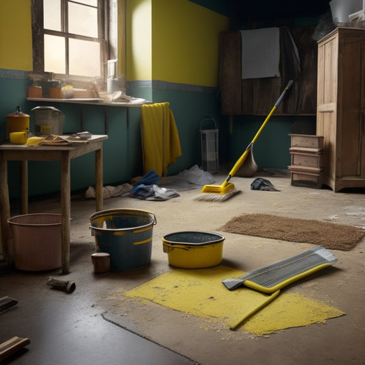 A messy room with scattered tools, debris, and old flooring, alongside a separate area with a clean, empty floor, a broom, a dustpan, a bucket, and a mop, divided by a bold, yellow caution tape.