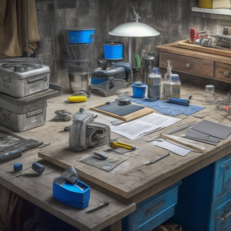 A cluttered but organized workbench with a variety of irrigation tools, including a hose reel, sprinkler, and irrigation controller, surrounded by scattered blueprints and renovation plans.