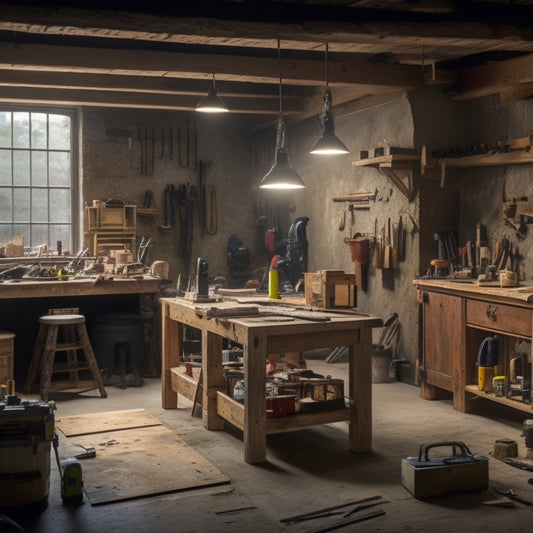 A well-lit, clutter-free workshop with a wooden workbench in the center, surrounded by foundation leveling tools, including a laser level, spirit level, and hydraulic jacks, with a faint background of a house under renovation.