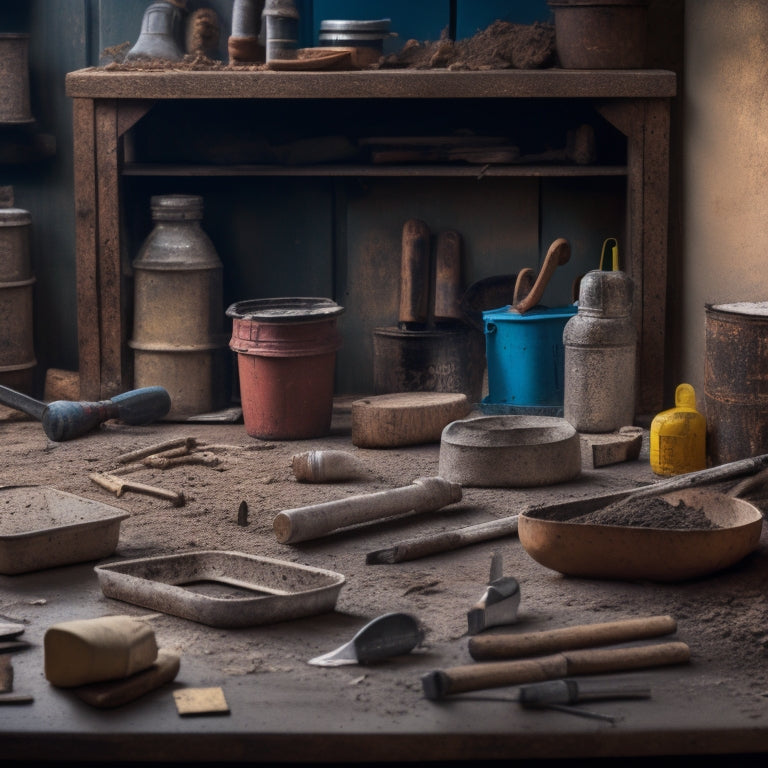 A messy DIY workshop background with scattered renovation materials, a prominent trowel centered, surrounded by various toolboxes, and a faint price tag hovering above the trowel, with a subtle hint of a home renovation project in progress.