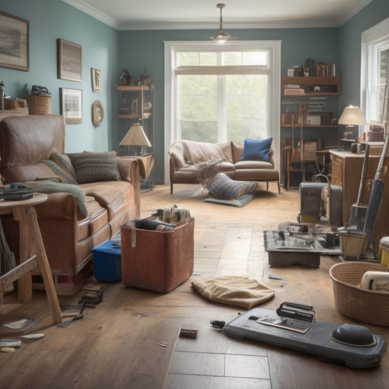 A cluttered living room with old flooring, surrounded by renovation tools and materials, contrasted with a clean and organized corner featuring rented flooring equipment, such as a floor sander and edger.