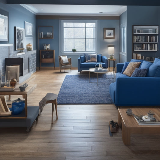 A modern living room with a mix of dark hardwood and light tile flooring, surrounded by renovation tools, blueprints, and a laptop with a floor plan on the screen.
