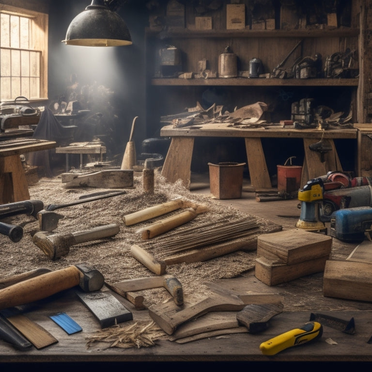A cluttered workshop background with a variety of block saws arranged on a wooden workbench, surrounded by wood shavings, measuring tapes, and renovation tools, with a subtle hint of a DIY project in progress.