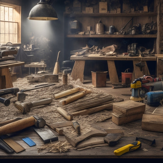 A cluttered workshop background with a variety of block saws arranged on a wooden workbench, surrounded by wood shavings, measuring tapes, and renovation tools, with a subtle hint of a DIY project in progress.