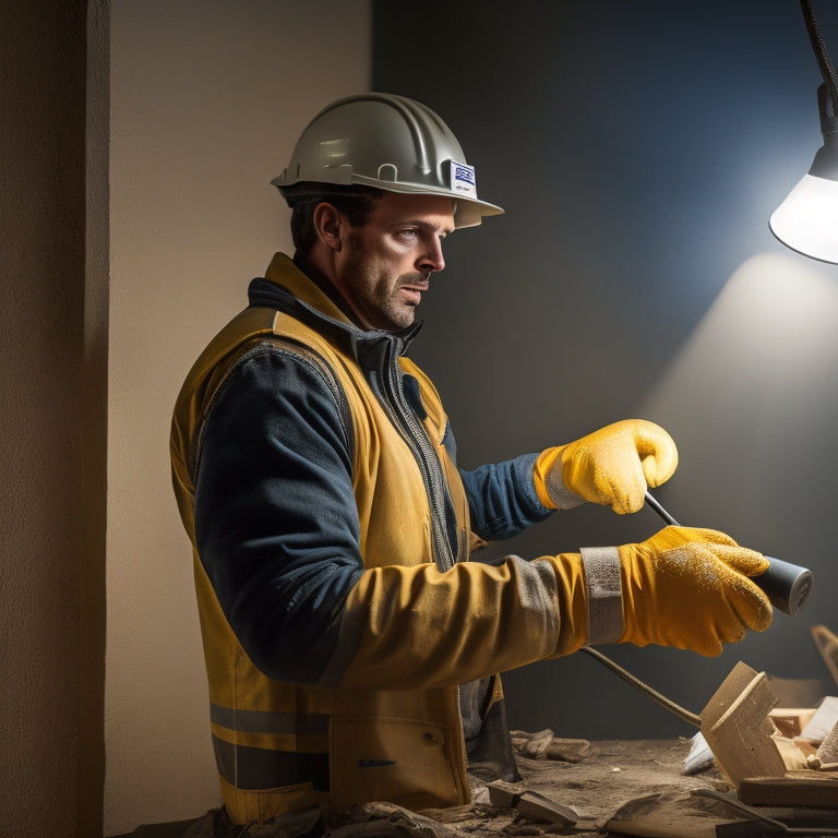 A close-up of a person in a hard hat and gloves, holding a flashlight and inspecting a newly installed drywall, with a level and a putty knife nearby, amidst a partially renovated room with tools and debris scattered around.