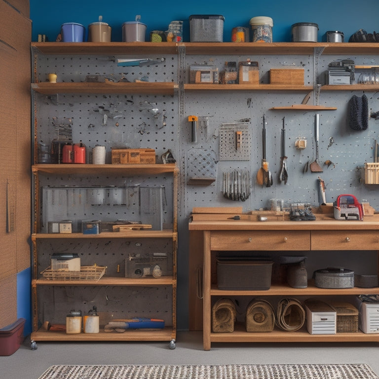 A clutter-free workshop with a pegboard on the wall, holding various tools and accessories, alongside a rolling cabinet with labeled drawers and a nearby shelving unit with stacked storage bins.