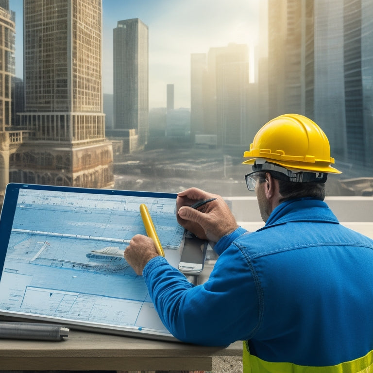 A detailed illustration of a person holding a tablet with a blueprint of a concrete building, surrounded by construction tools and calculators, with a cityscape in the background.