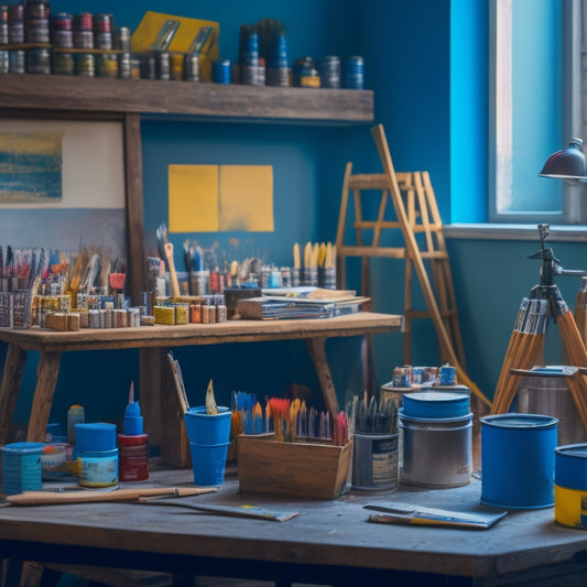 A tidy, well-lit workspace with various paintbrushes of different sizes and bristle types arranged on a wooden table, surrounded by paint cans, rollers, and a partially painted wall in the background.