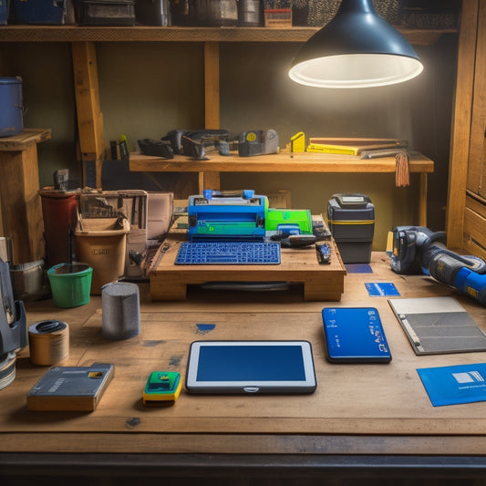 A cluttered workbench with a tablet displaying a floor plan, surrounded by various inspection tools such as a thermal imaging camera, a laser level, and a tablet with a checklist app open.