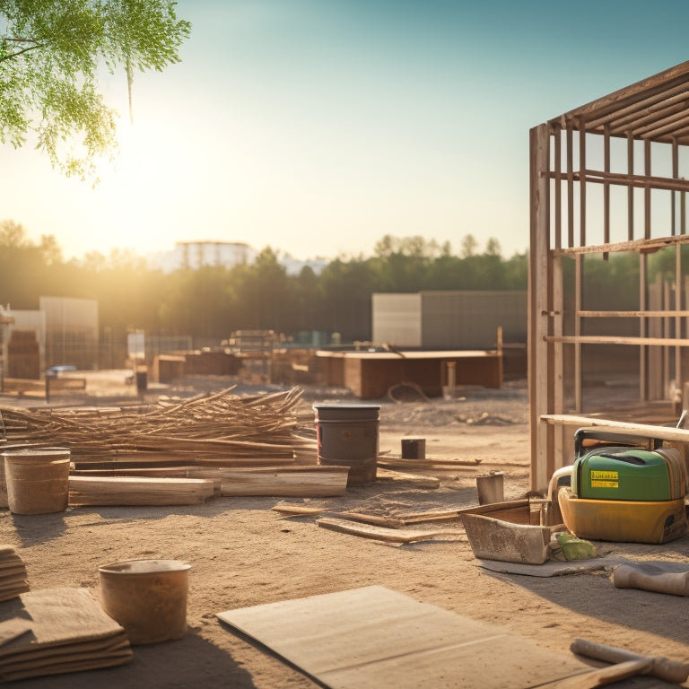 A photo of a construction site with a variety of eco-friendly materials, including reclaimed wood, bamboo, low-VOC paint, and solar panels, with a subtle green color palette and natural lighting.