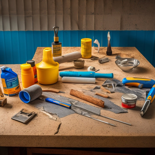 A tidy workshop table with various crack filling tools, including a caulk gun, trowel, scraper, and tubes of epoxy and polyurethane, arranged neatly alongside a cracked concrete floor sample.