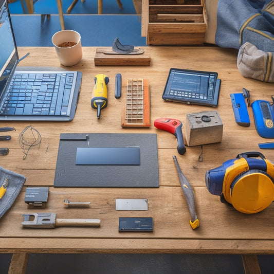 Image of a construction site with various renovation tools laid out on a workbench, surrounded by modern gadgets such as laptops and smart home devices.
