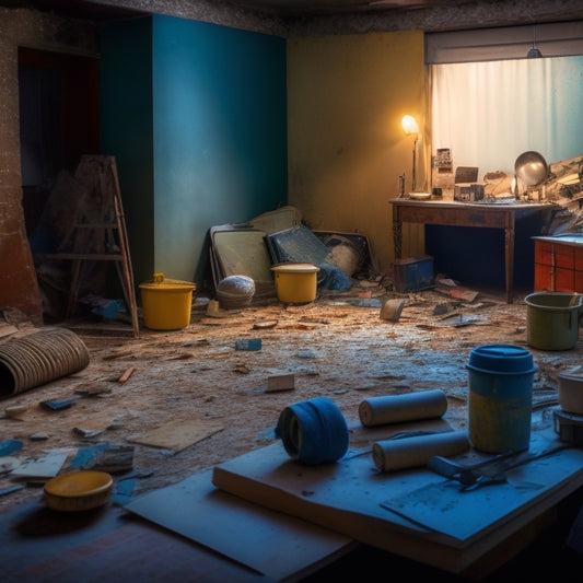 A cluttered, dimly lit room with torn wallpaper, scattered tools, and a half-demolished wall, surrounded by broken tiles, dusty furniture, and a faint outline of a blueprint on the floor.