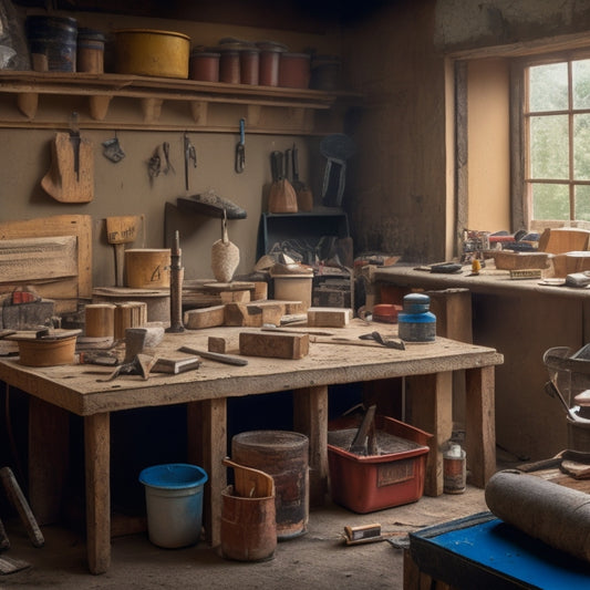 A cluttered yet organized workbench with various plastering tools, including a hawk, trowel, joint knife, and bucket, surrounded by scattered plaster dust and partially completed renovation projects in the background.
