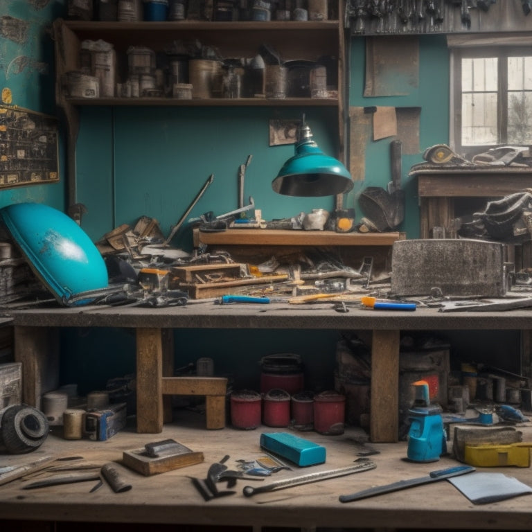 A cluttered workbench with various tools and materials scattered around, with a partially renovated background featuring a half-painted wall, a hammer, and a level, surrounded by blueprints and measuring tapes.