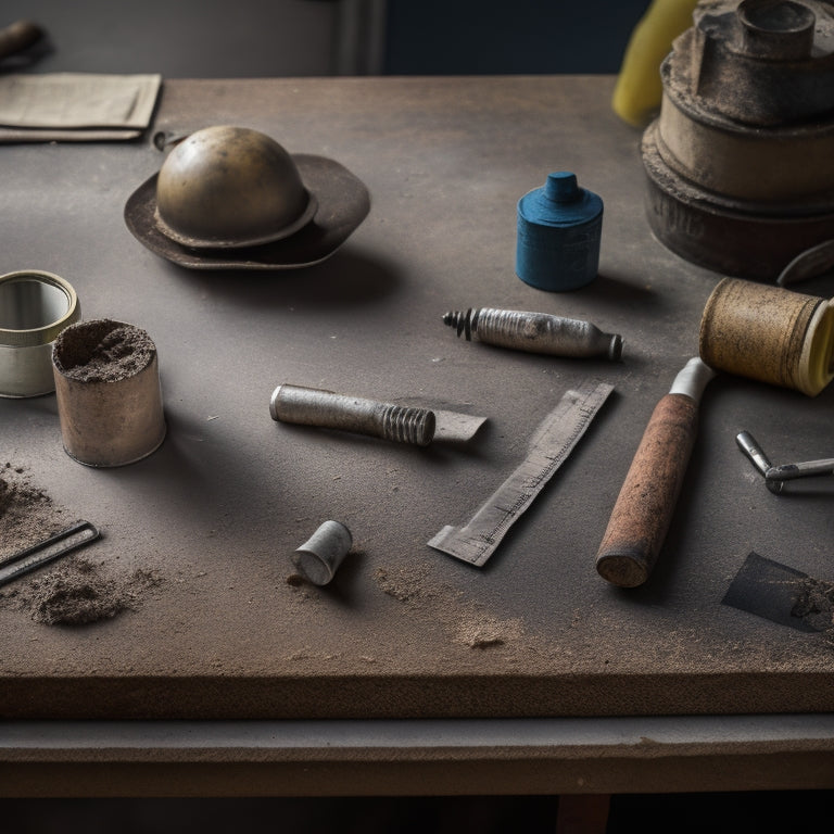 A worn, rusty trowel lies on a dusty, work-worn wooden table beside a new, shiny one, surrounded by scattered drywall screws, crumpled up joint tape, and a faint outline of a renovation blueprint.
