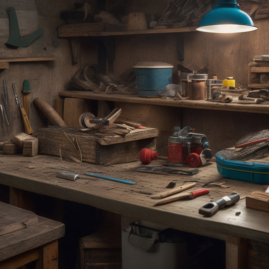 A cluttered workbench with a hammer, tape measure, and level prominently displayed, surrounded by scattered woodworking scraps, nails, and a partially built wooden shelf in the background.