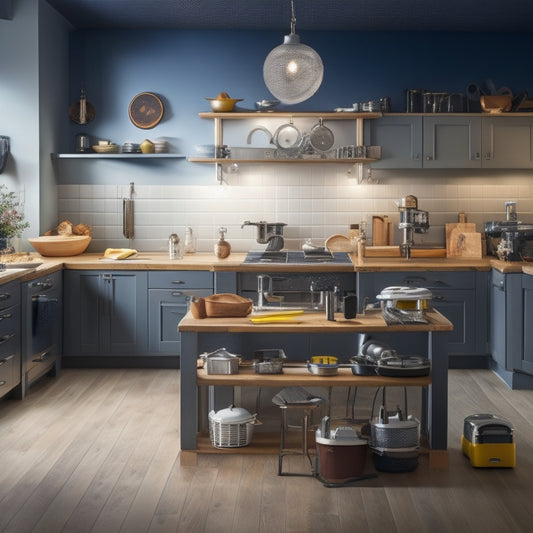A tidy, well-lit kitchen with various renovation tools and equipment, including a tile cutter, circular saw, and drill press, arranged on a central island or countertop, surrounded by cabinetry and sleek appliances.