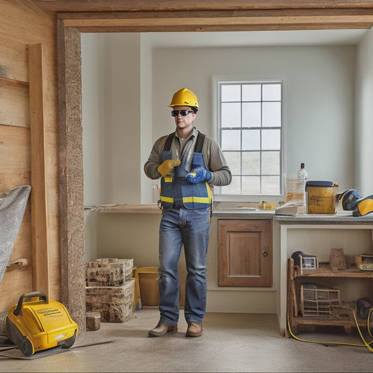 A construction worker wearing a hard hat, safety goggles, and gloves, standing in a renovated home with power tools and building materials scattered around, amidst a backdrop of exposed wiring and half-finished walls.