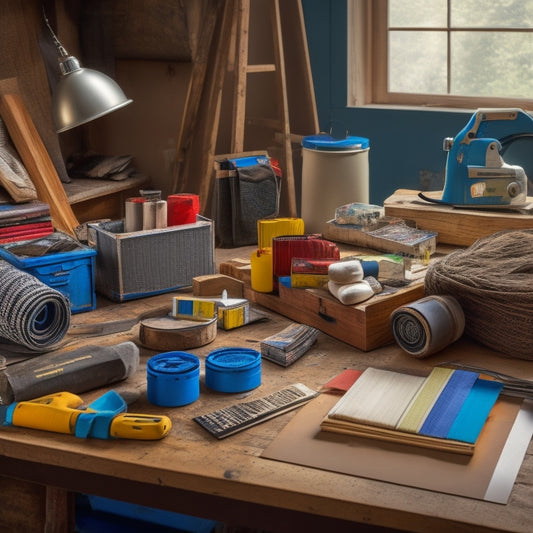 A cluttered workbench with various color matching tools, including a color wheel, paint swatches, and a digital color scanner, surrounded by renovation materials like lumber, tiles, and fabric samples.