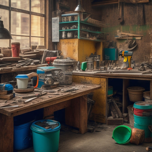 A cluttered DIY workshop with a worn wooden workbench, scattered power tools, and a partially demolished wall in the background, surrounded by scattered renovation plans and coffee cups.