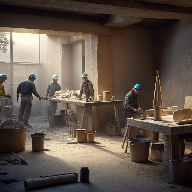 A dusty, well-lit construction site with a variety of plastering tools scattered around, including trowels, hawks, and joint knives, with a few half-finished walls in the background.