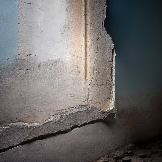 A cracked and worn-out plaster wall with peeling paint, crumbling edges, and exposed lath strips, illuminated by a flashlight beam highlighting the damage and deterioration.