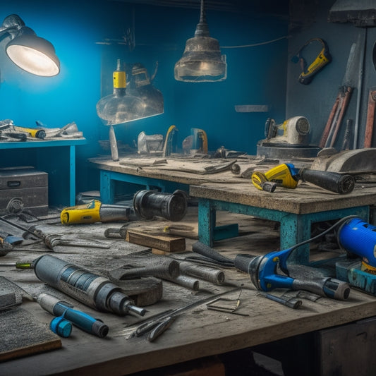 A cluttered workshop table with a concrete block in the center, surrounded by various power tools including a rotary hammer, demolition saw, and angle grinder, with wires and cords tangled around them.