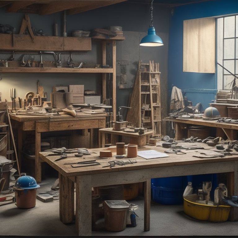 A cluttered workshop table with various renovation tools organized into categorized groups, surrounded by blueprints, hard hats, and a partially built wooden shelving unit in the background.