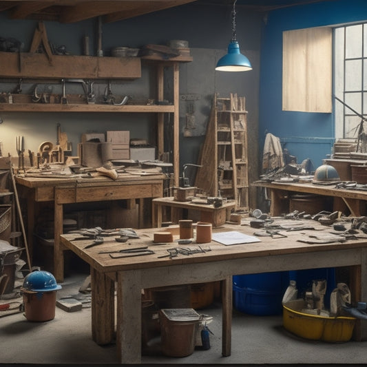 A cluttered workshop table with various renovation tools organized into categorized groups, surrounded by blueprints, hard hats, and a partially built wooden shelving unit in the background.