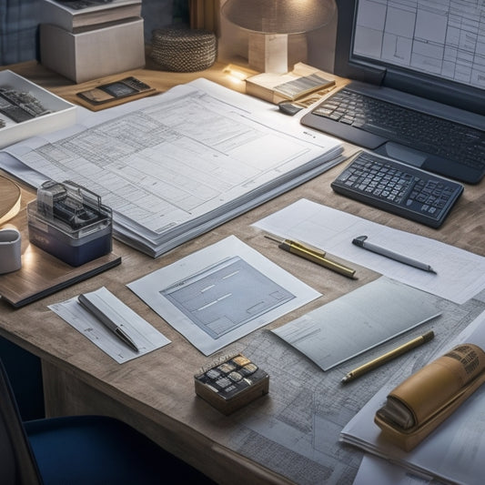 An architect's desk with blueprint plans, calculator, and pen, surrounded by construction materials and a laptop with a spreadsheet open.