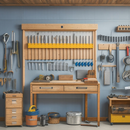 A tidy workshop with a pegboard featuring neatly hung tools, a labeled toolbox, and a organized workbench with a measuring tape, level, and screwdrivers, set against a clean, gray background.