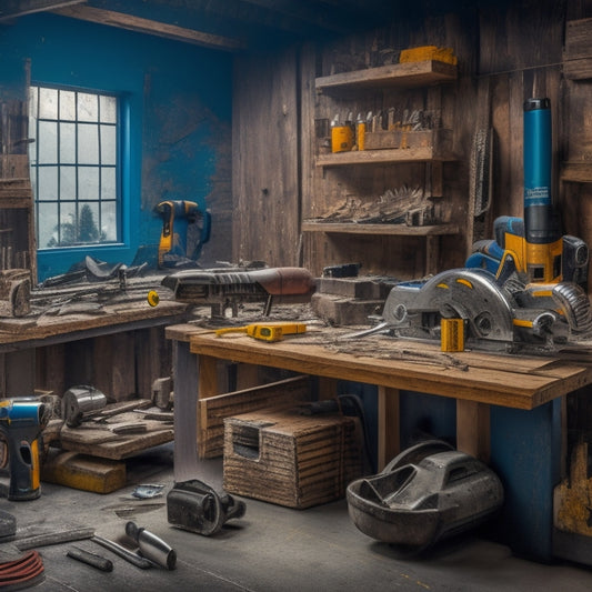A cluttered workshop background with a mix of power tools, such as circular saws, reciprocating saws, and rotary hammers, surrounded by wall framing materials like wooden studs, drywall, and metal tracks.