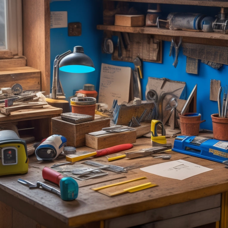 A cluttered workbench with various tools and materials, including a tape measure, level, hammer, and saw, surrounded by blueprints, paint swatches, and a miniature model of a house.