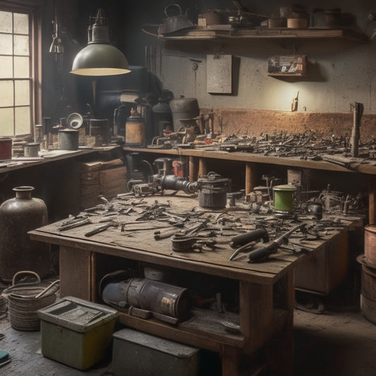 A cluttered workshop table with various small pumps in the center, surrounded by scattered tools, pipes, and renovation materials, with a subtle background of a half-renovated room.