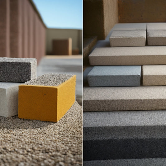 A split-screen image featuring a row of unfinished cement blocks on the left and the same blocks with various finishes on the right, including stained, painted, stenciled, and exposed aggregate.