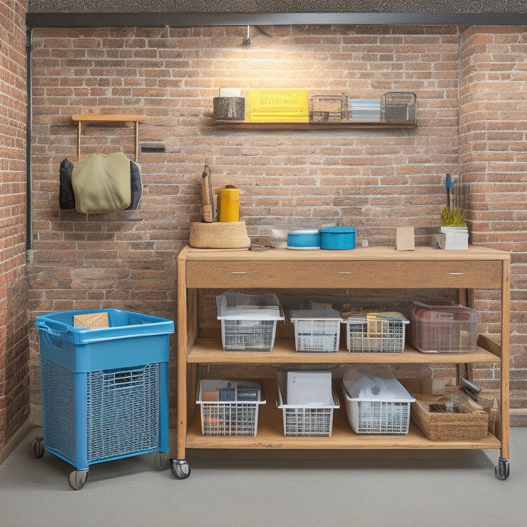 A well-organized utility cart with labeled bins, a pegboard with hooks holding various tools, and a background of a renovated room with exposed brick and a modern fixture.