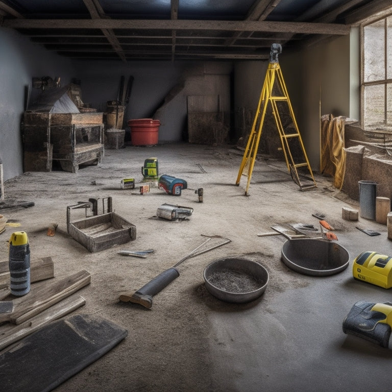 A cluttered construction site with a partially renovated uneven floor, featuring a laser level, spirit level, and a self-leveling compound bucket, surrounded by scattered tools and renovation materials.