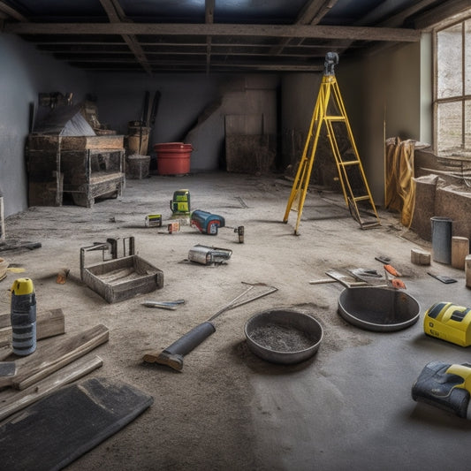 A cluttered construction site with a partially renovated uneven floor, featuring a laser level, spirit level, and a self-leveling compound bucket, surrounded by scattered tools and renovation materials.