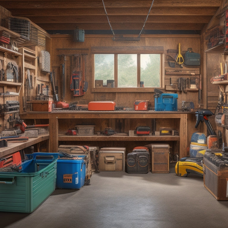 A cluttered garage with multiple toolboxes overflowing with hammers, drills, and saws, contrasted with a tidy, organized workspace in the background, featuring a few strategically placed, sleek rental tool cases.